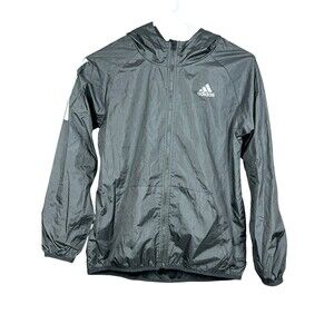 Adidas Kids Boys Girls Windbreaker Jacket 10/12 Black Hooded Zip Up Logo Flaw